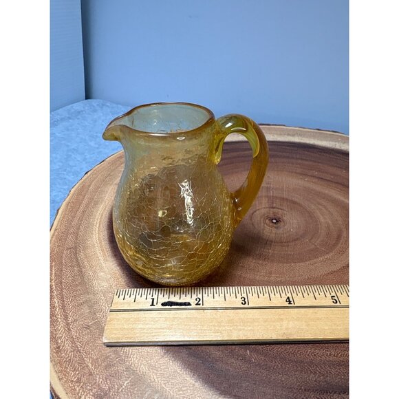 Hand Blown Amber Crackle Glass Miniature Pitcher with Handle 1970s - Picture 7 of 8